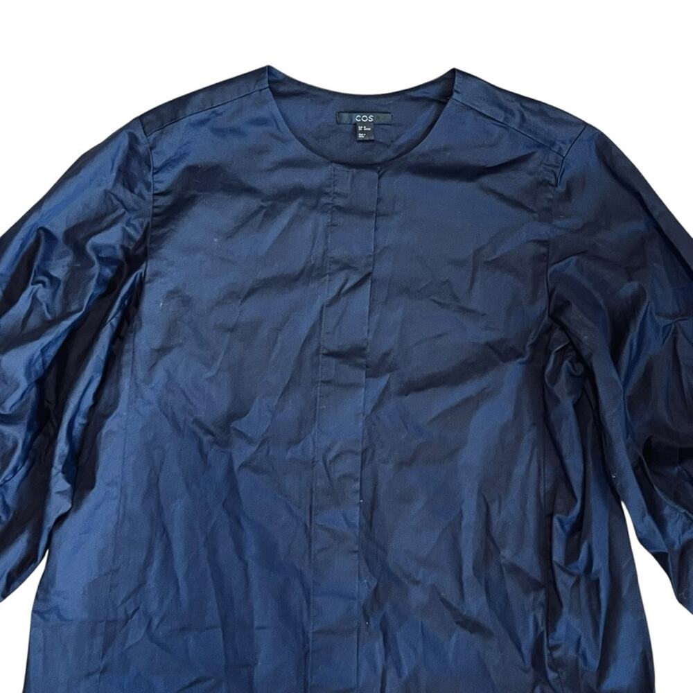 COS Women’s Sz 4 Navy Blue Gathered Puff Sleeve Blouse Stretch Cotton Top - Picture 4 of 15